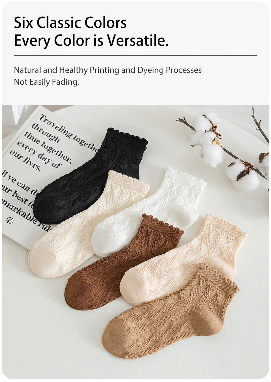 6 Pair Women Is Summer Thin Gradient Solid Cotton Simple Sweet Cute Socks Comfortable Wood Ear Edge Lolita Fashion Wear
