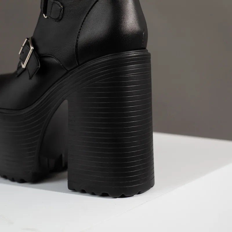 Platform Knee High Boots Women Autumn Winter Punk High Heels Zipper Black White Boot Sexy Buckle Party Goth Shoes Large Size