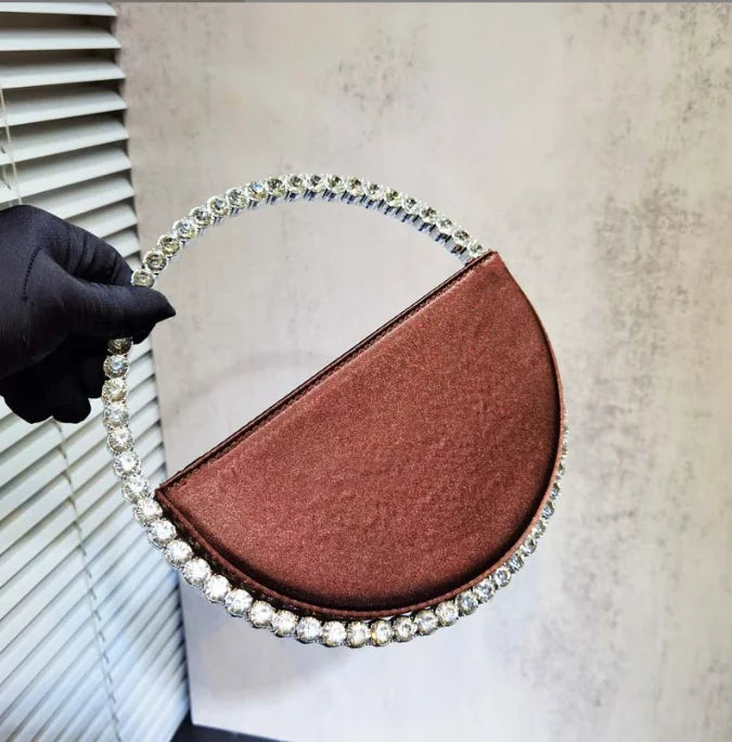 Lady Blue/Pink Diamond Circular Evening Bag Women Fushia Round Handle Rhinestone Dinner Clutch Purse Ladies Half Moon Handbags