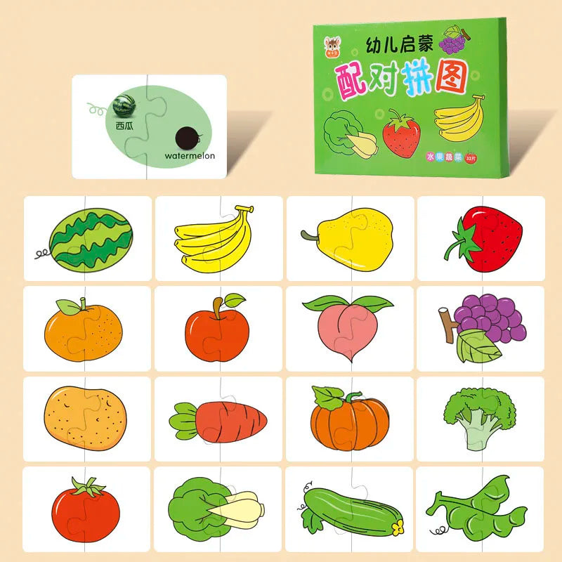 32PCS Toddler Card Match Game Cognitive Truck Fruit Animal Life Set Puzzle Children Cognitive Early Educational Puzzle Kids Toys