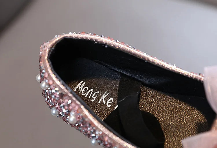 Girls Princess Shoes Glitter Luxury Party Shallow Children Ballet Flats 21-36 Elastic Band Fashion Lace Bowknot Kids Dance Shoes