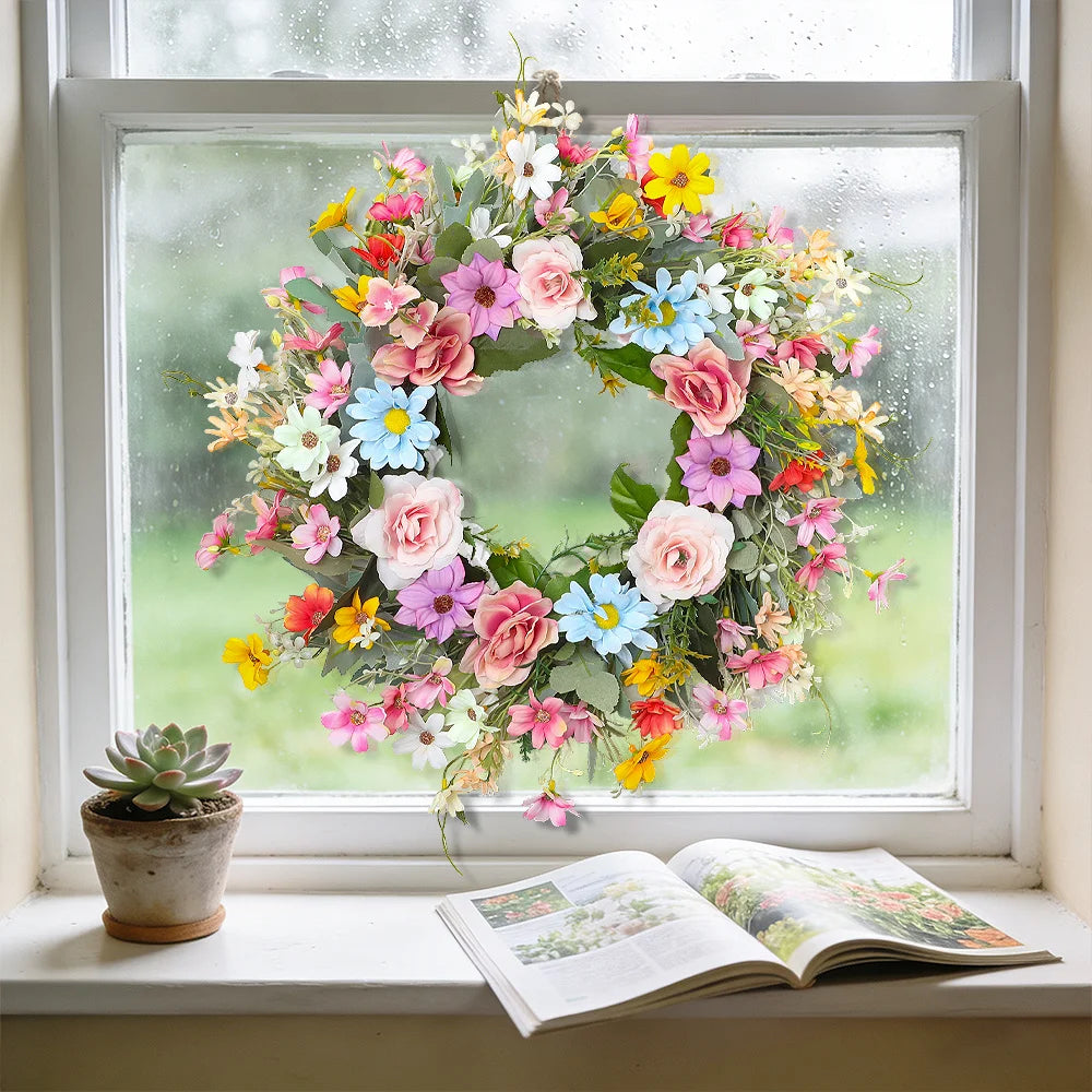 Artificial Daisy Flower Wreath for Spring,Valentine Easter Door Wall Decor, Wedding Party Garland Indoor Outdoor Home Decoration