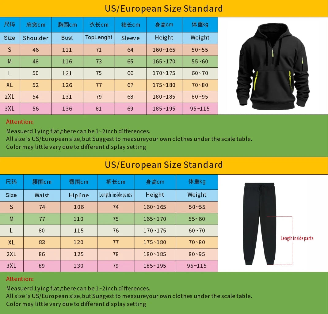 Men's tracksuit zipper hood multi-pocket and protective pants casual jogging tracksuit fall/winter 2-piece setLarge size S-3XL