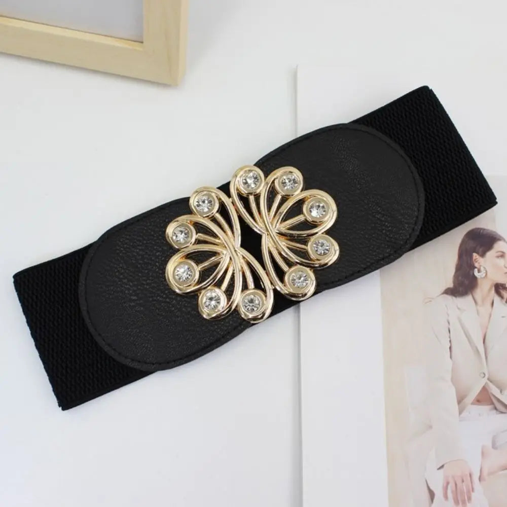 Big Size Black Stretch Corset Waistband Belt Cummerbands Rhinestone Metal Buckle