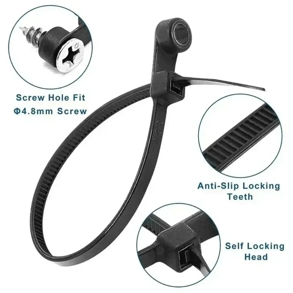 100PCS Screw Hole Nylon Cable Ties Multipurpose Duty Adjustable Self-locking Cord Ties Organizer Straps Fastening Loop