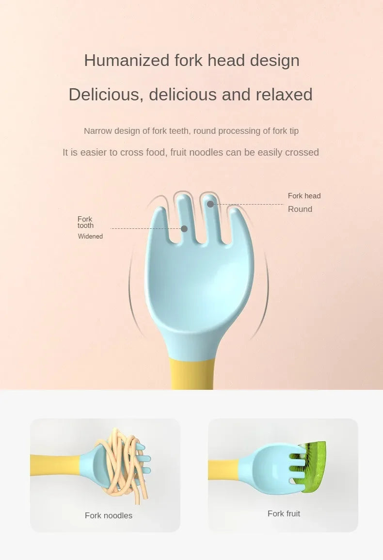 Baby Children Spoon Fork Set Soft Bendable Silicone Scoop Fork Kit Tableware Toddler Training Feeding Cutlery Utensils Tableware