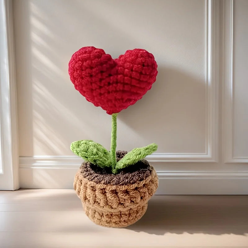 1-3pcs Handmade Knitted Flower Pot Red Heart Shaped Fake Plant Christmas Valentine's Day Mothers Day Gift Home Table Decoration