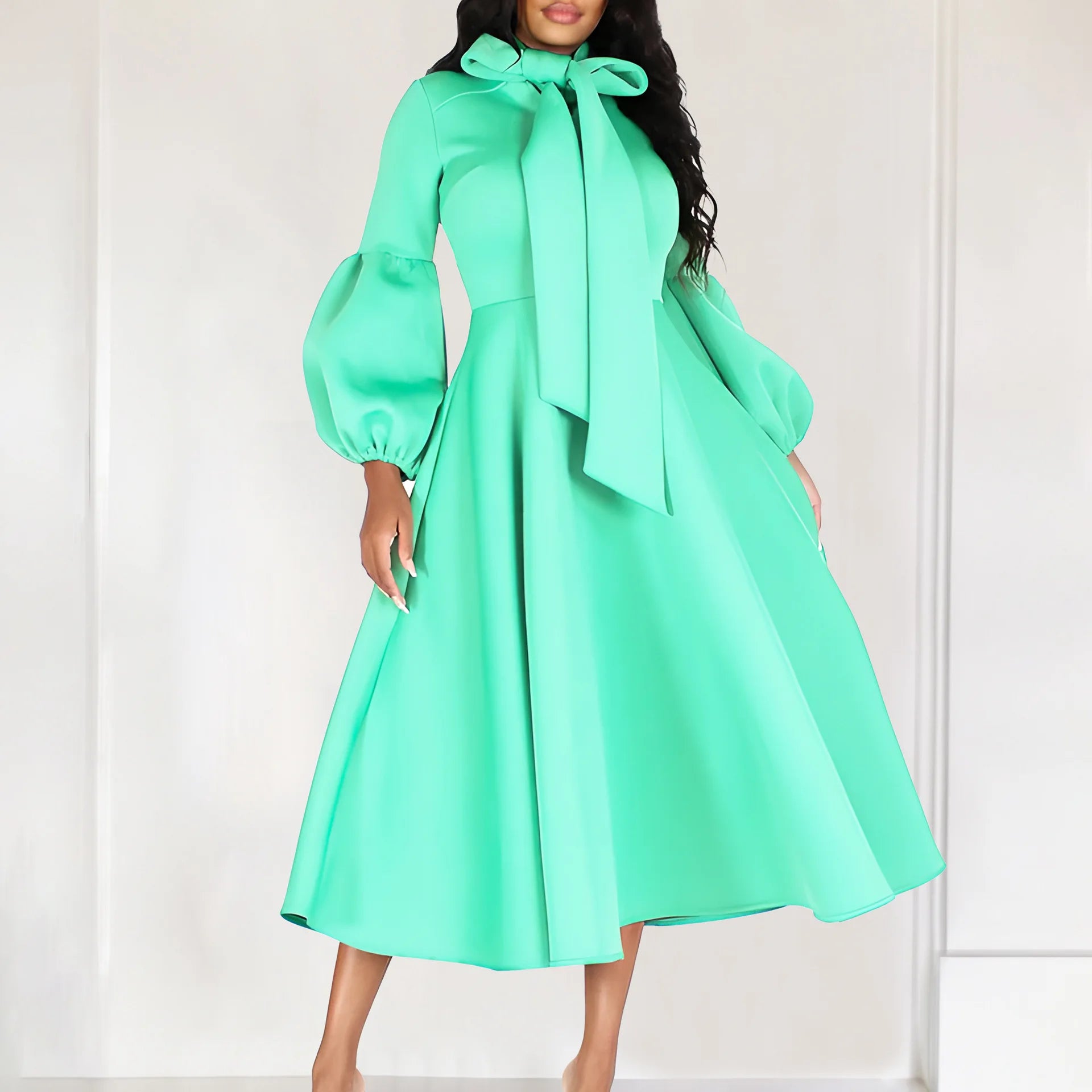 Elegant Dresses for Women Bow Collar Full Sleeve High Waisted A Line Mid Calf Luxury Female Birthday Party Dinner Vestidos Mujer