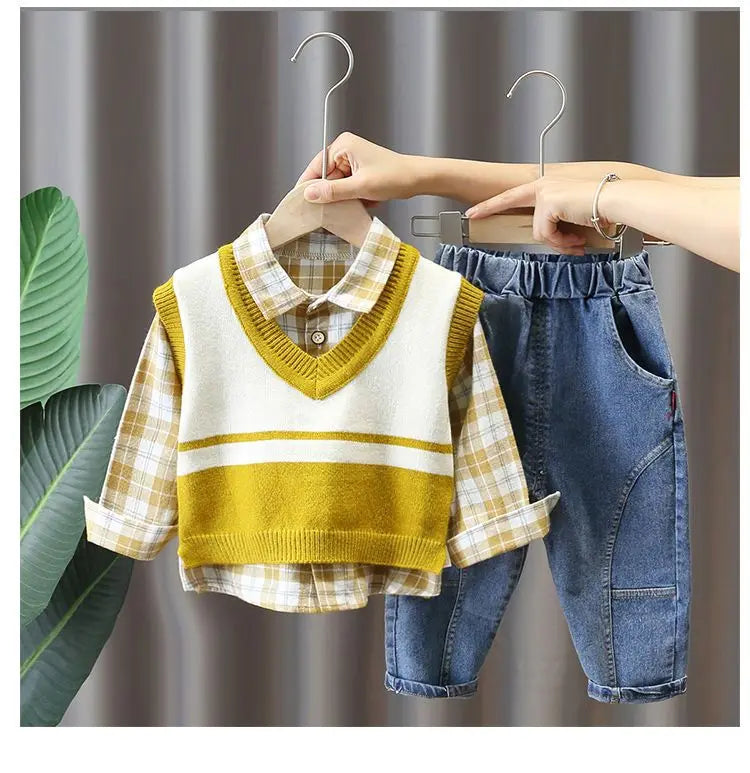 Boys' Baby Autumn Suit 2024 New Children's Fashionable Clothes Spring and Autumn Vest Shirt Jeans 3 Piece Set