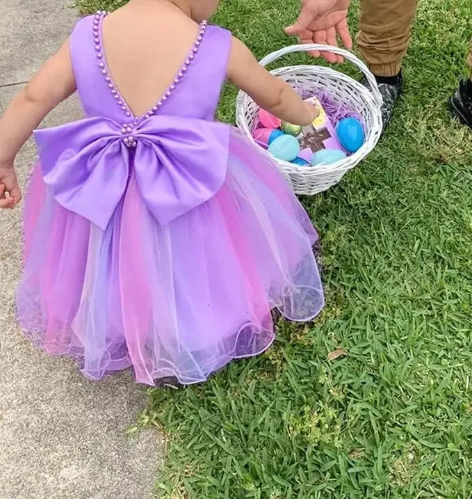 Baby Dresses For 1st Birthday Girls Party Dresses with Headwear Bowknot Toddler Girl Princess Dress Backless Kids Wedding Dress