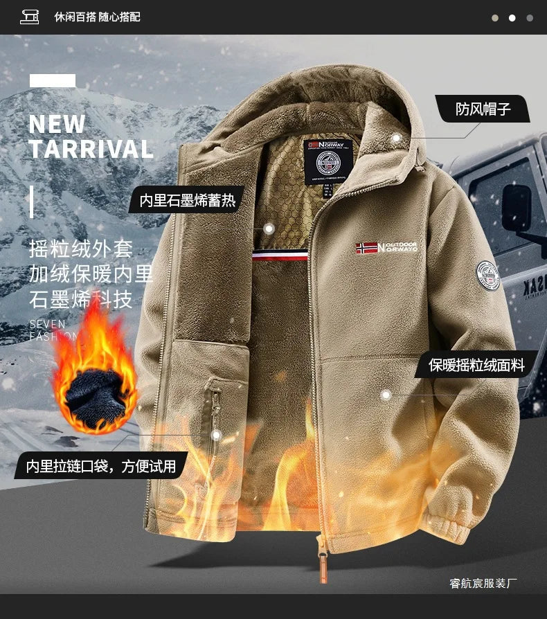Men's Autumn Winter Fleece Jacket European-Style Hooded Warm Outdoor Thickened Couples' Coats New Arrivals