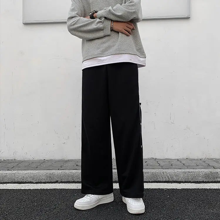 Split Reflective Stripe Casual Pants Unisex Trendy Patchwork Button Pants Spring Summer Straight Loose Sports Pants