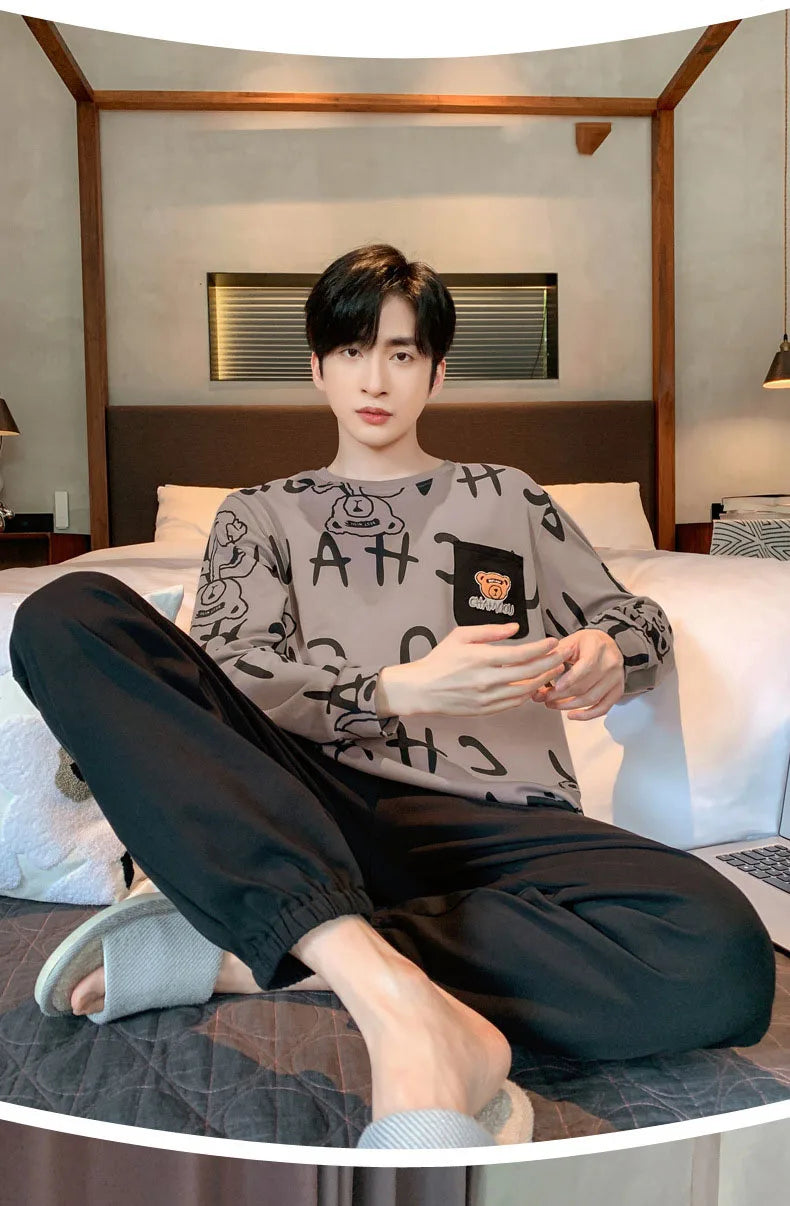 Plus Size Men Pajamas Autumn Winter Long-Sleeved Loose Leisure Cartoon Bear Striped 2PCS/Set Black O-Neck Soft Casual Loungewear