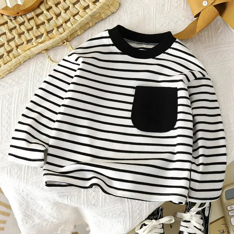 baby Striped Tshirt Boys Girls New Casual Loose Tees New Design Long Sleeve Solid Color Tops Keep Warm in Autumn and Winter