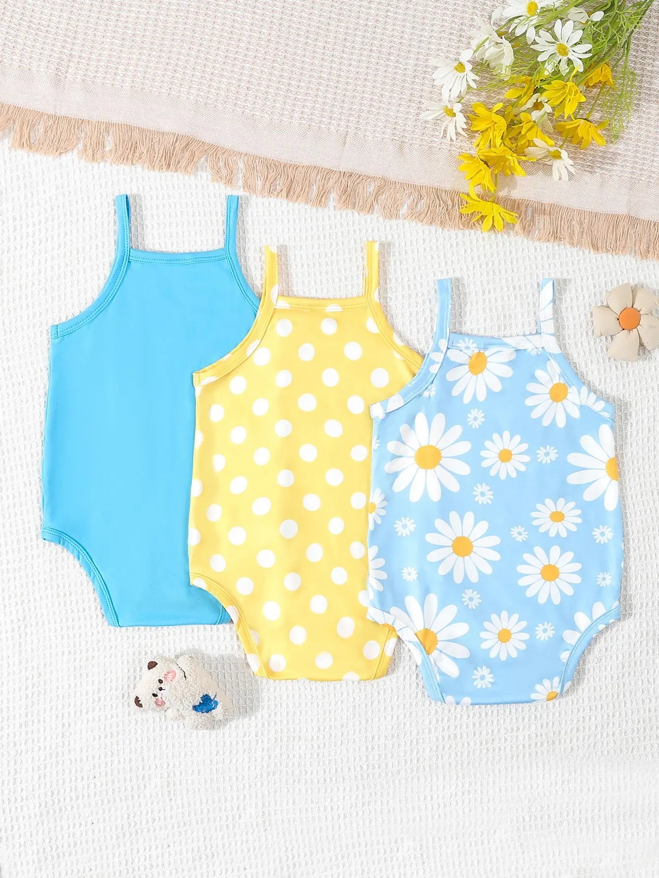 3Pairs/Lot Summer Baby Girl Newborn Baby Sling Onesie 3 Pieces Cute Polka Dot Flower Pattern Cool Breathable Comfortable Onesie