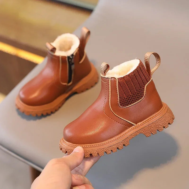 Autumn Winter Kid Boys Girls Casual Ankle Boots Comfortable Simple Side Zipper Leather Boots Velvet Warm Non-Slip Boots