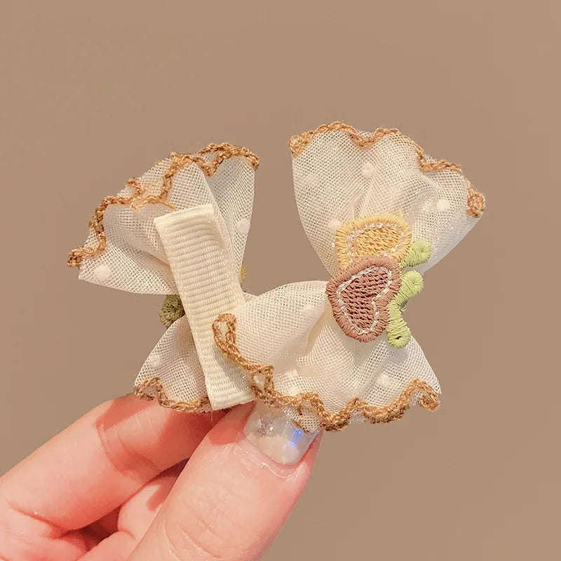2PCS/Set Kids Headdress Sided Clips Lace Embroidery Flower Bow Hair Clips for Baby Girl Sweet Bowknot Princess Barrettes Hairpin