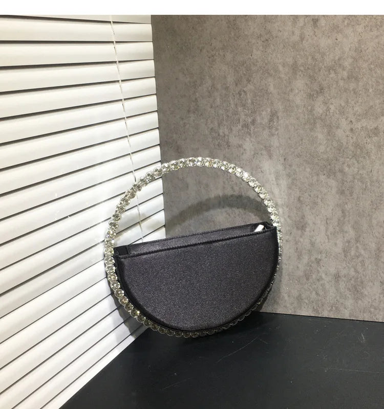 Lady Blue/Pink Diamond Circular Evening Bag Women Fushia Round Handle Rhinestone Dinner Clutch Purse Ladies Half Moon Handbags