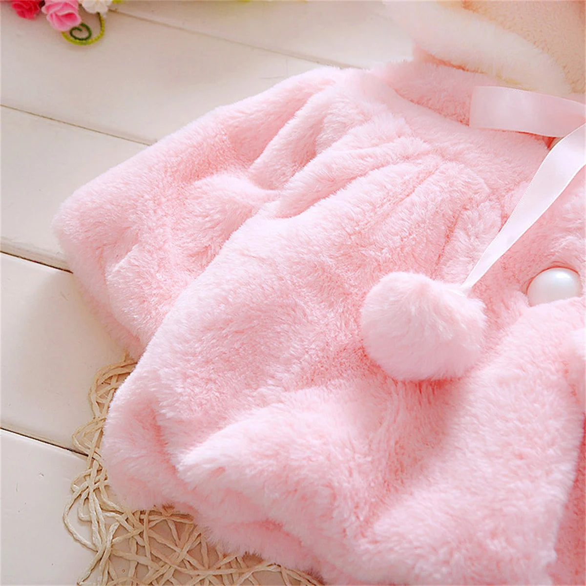 Girls' Sweater Shawl Autumn Hooded Cartoon Solid Color Plush Short Sleeve Coat