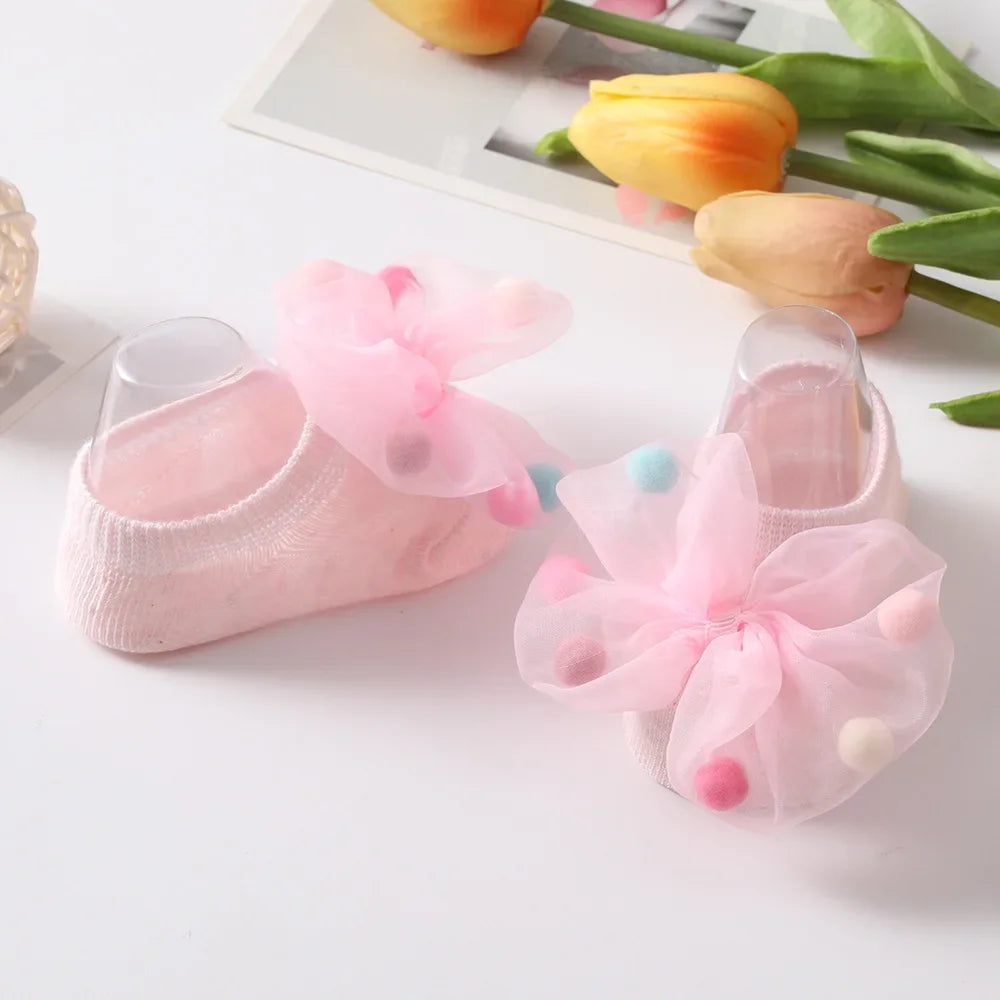 Baby Girl Home Short Socks Lace Bow Infant Anti Slip Trampoline Socks Newborn Princess Ankle Socks Children Floor Shoes