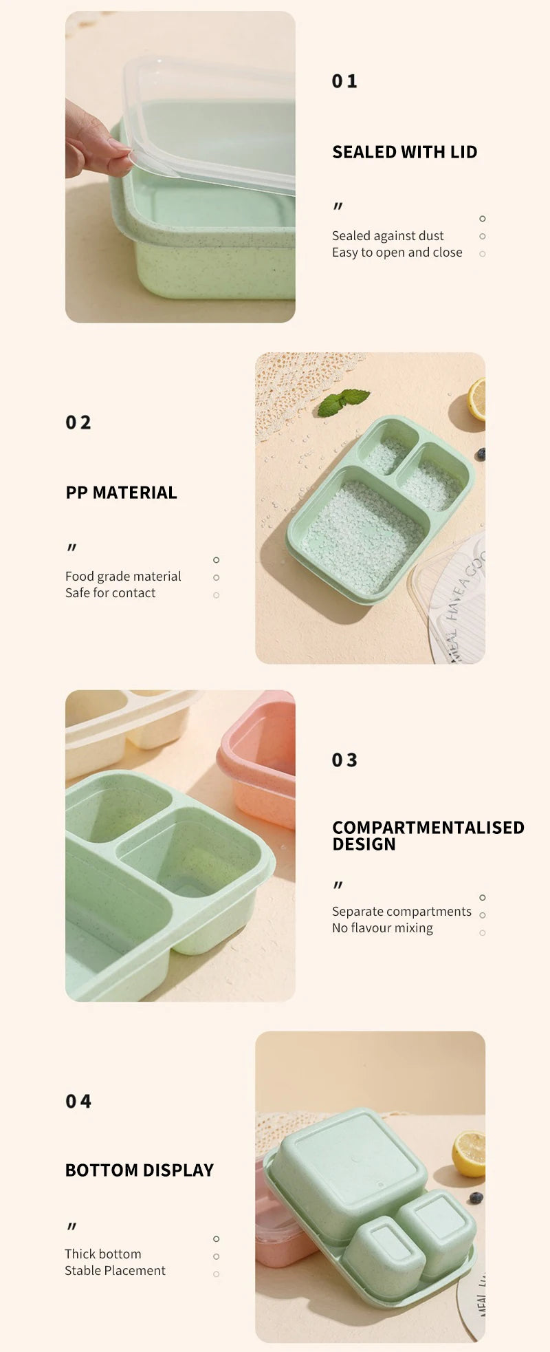 Lunch Box Reusable 3 Compartment Divided Bento Box Kid School Adult Office Food Storage Containers Outdoor Portable Plastic Box