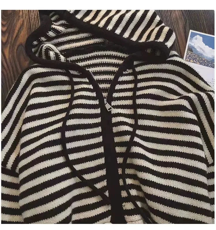 Oversized Knitted Striped Hooded Cardigan Women Autumn Winter Loose Casual Zipper Sweaters Versatile Knitting Outerwear