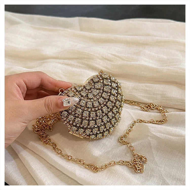 Luxury Mini Diamond Inlay Heart Shape Crystal Clutch Purse Stones Evening Wedding Party Shoulder Bag Handle Rhinestone Handbags