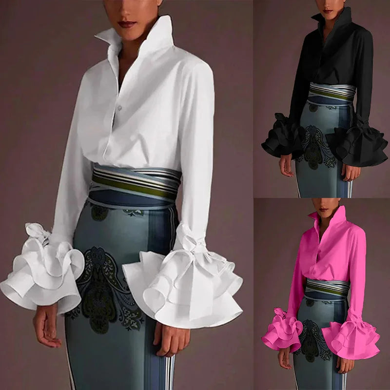 Design Fashion Lapel Long-sleeved Single-breasted Shirt Tops Women Autumn Solid Color Splicing Bell Sleeve Casual Shirts Female