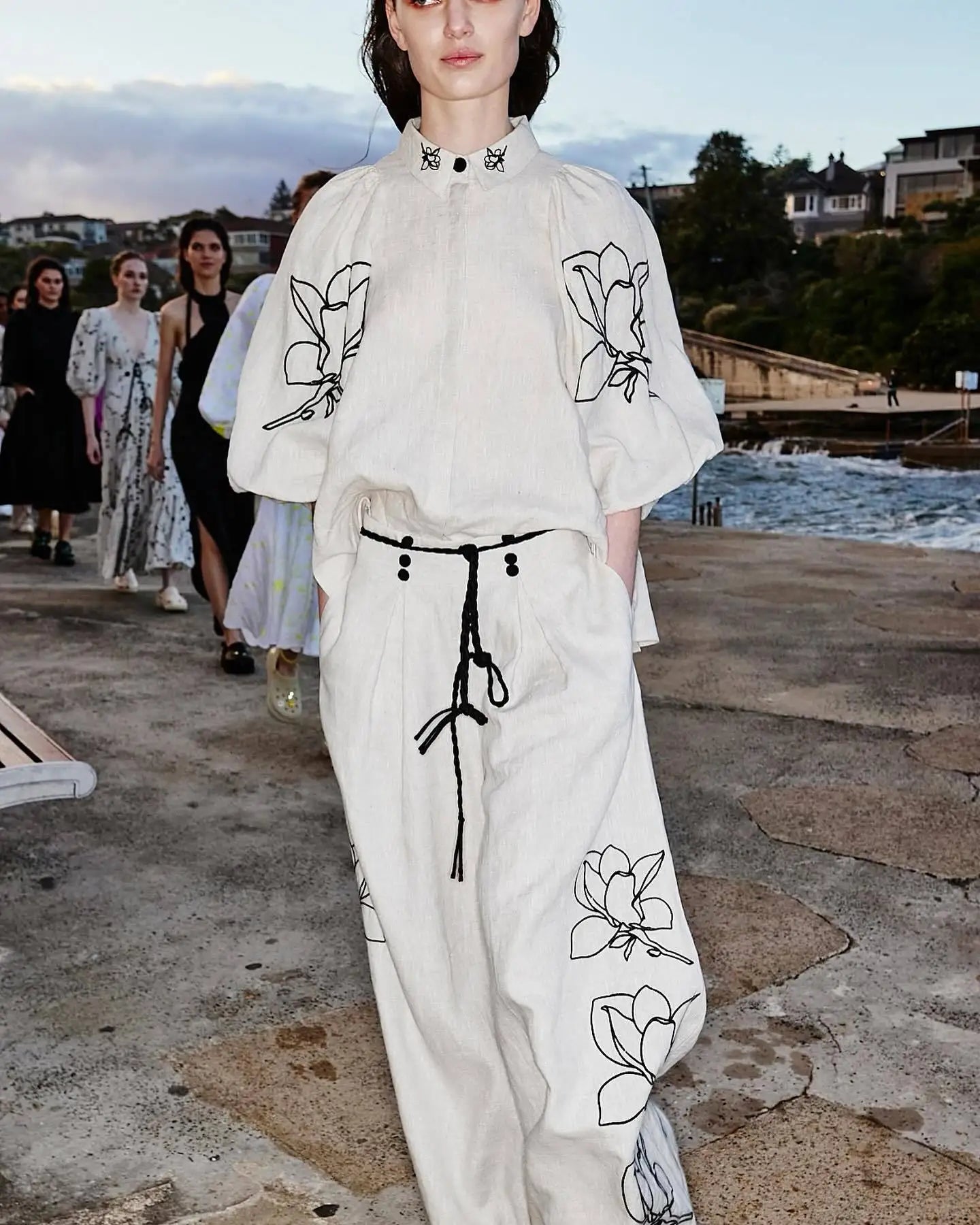 Women Lounge Sets Cotton Linen Stand Collar Lantern Sleeve Loose Flower Tops Wide Leg Oversize Pants Suit Casual Women Outfits