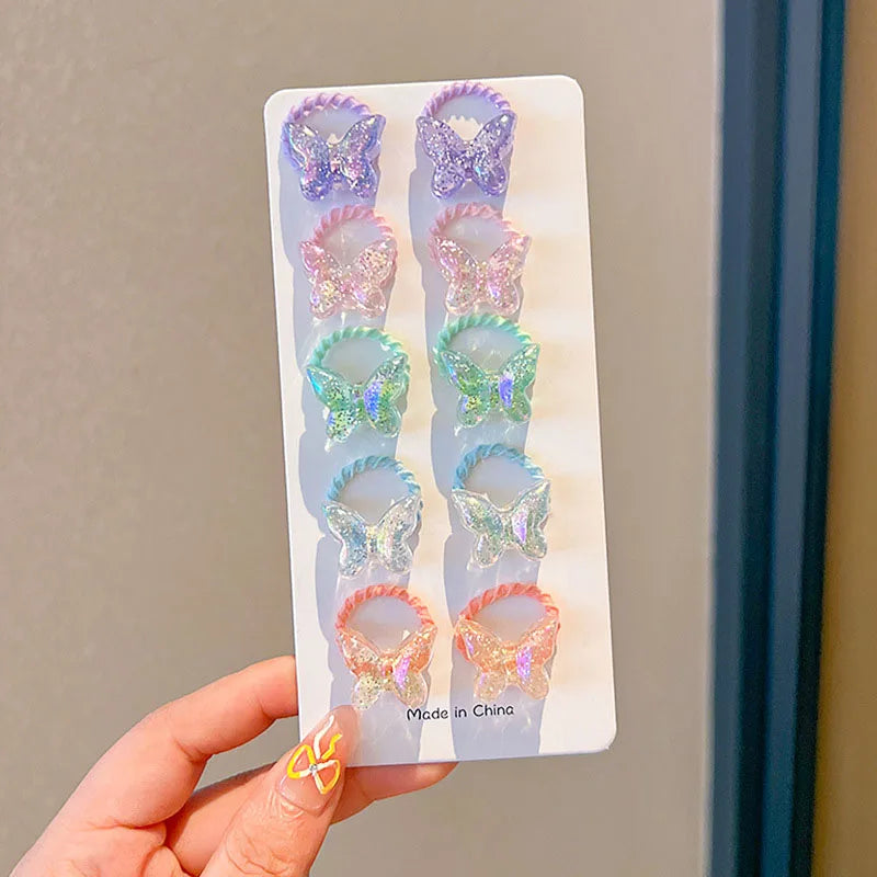 10PCS/Set Shiny Butterfly Baby Girl Hair Ropes Cute Heart Star Elastic Rubber Bands Ponytail Headflower Princess Kids Headwear