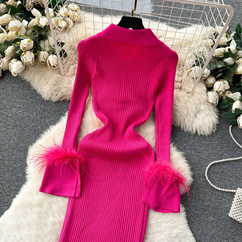 YuooMuoo Women Dress 2025 Autumn Winter Elegant Fur Long Sleeve Knitted Sweater Dress Chic Lady Wrap Hips Bodycon Long Vestidos
