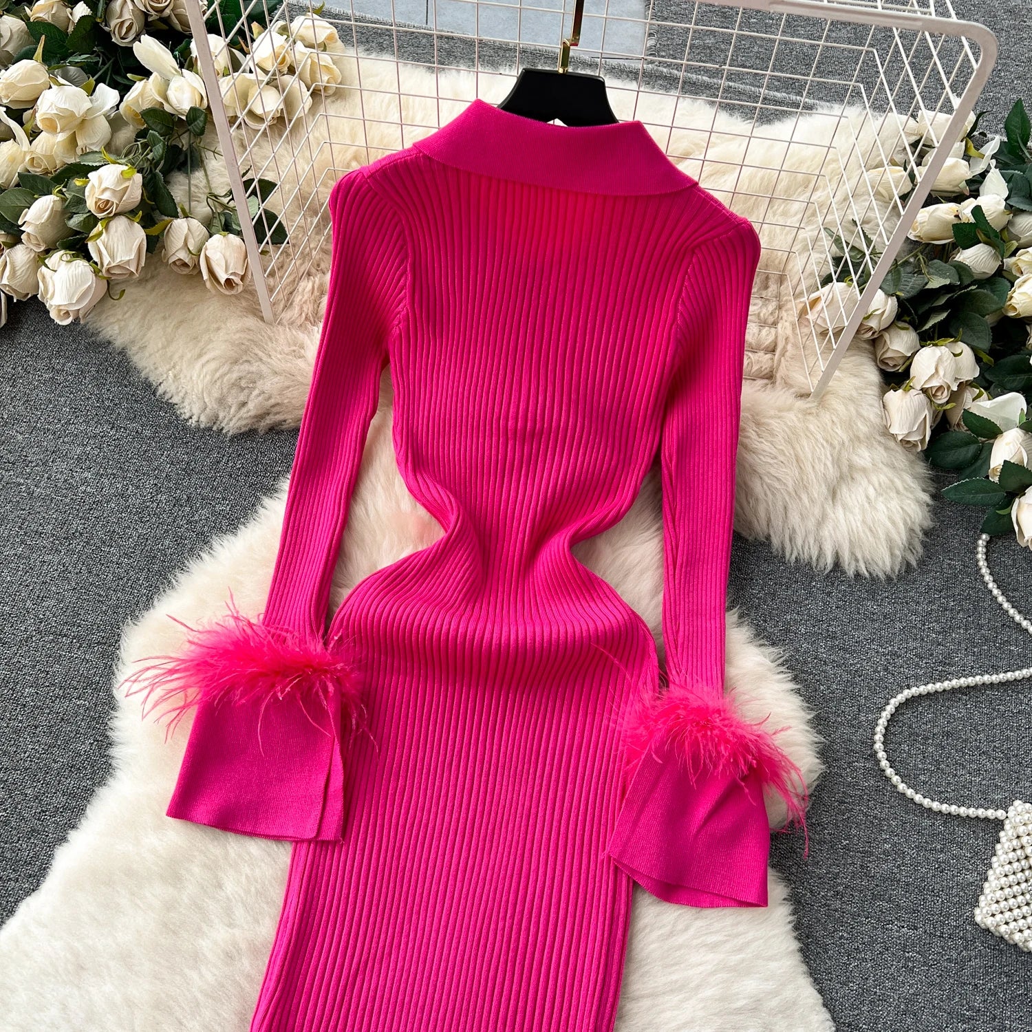 YuooMuoo Women Dress 2025 Autumn Winter Elegant Fur Long Sleeve Knitted Sweater Dress Chic Lady Wrap Hips Bodycon Long Vestidos