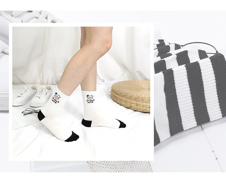 Cute Cow Print Socks for Women White Black Funny Cartoon Animals Sock Girls on Sale Fashion Casual Streetwear Skateboard