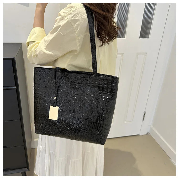 Fashion Casual Women Shoulder Bags Silver Gold Black Crocodile Handbag PU Leather Female Big Tote Bag Ladies Shopping Bag