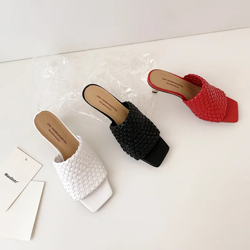 Summer Sandals Women Concise Style Slippers Weave Sandals for Girls Sexy Kitten Heel Elegant Dress Party Wedding  Sandalias