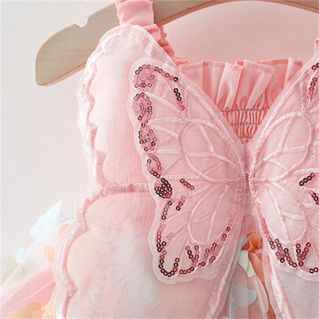 New Summer Baby Girl Dress Halter Butterfly Back Wings Fantasy Princess Dress Sweet Birthday Party Team Dress