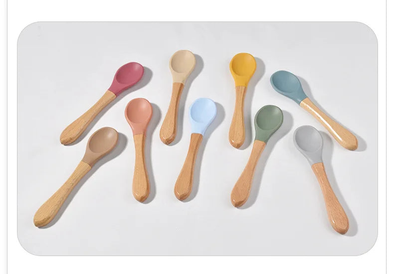 Spoons Baby Feeding Spoon Fork Wooden Handle Spoon Fork Set Soft Silicone Tip Spoon Fork BPA Free Food Grade Infant Toddlers