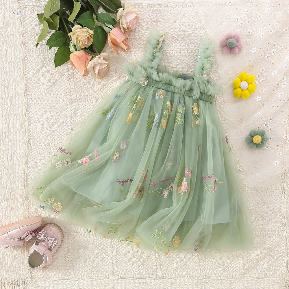 Cute Toddler Girls Mesh Suspenders Bow Dress Fuffy Tulle Tutu Princess Dress Summer Baby Girls Embroidery Flower Casual Wear