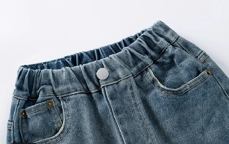 Boys Jeans Pants Spring Kids Wide Leg Straight Trousers Autumn Loose-Fit Casual Trousers Children's Trendy Sweatpants Pant 5-14Y