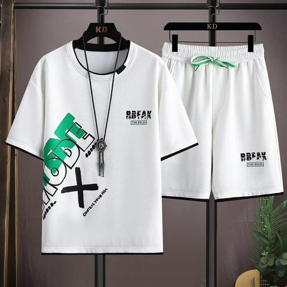 Summer Casual Short Sleeved Set Trendy Loose Five Inch T-shirt Plus Size Men's Outfit Complete Set with Matching
