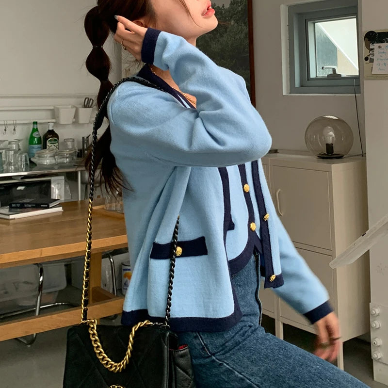 New High Quality Spring Knitted Long Sleeve V-neck Cardigan Coat + Sexy Short Camisole Crop Top Sweater Two Piece Sets Elegant