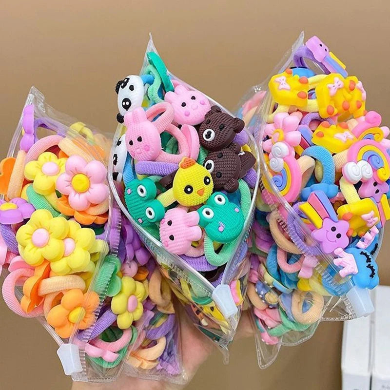 10/20Pcs Cute Cartoon Elastic Hair Bands for Girls – Soft, No-Damage Mini Scrunchies, Kids Hair Ties Accessories