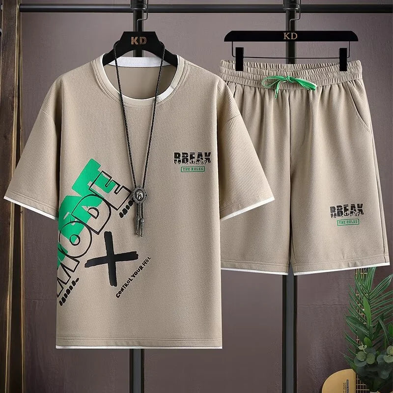 Summer Casual Short Sleeved Set Trendy Loose Five Inch T-shirt Plus Size Men's Outfit Complete Set with Matching