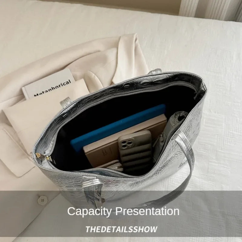 Fashion Casual Women Shoulder Bags Silver Gold Black Crocodile Handbag PU Leather Female Big Tote Bag Ladies Shopping Bag