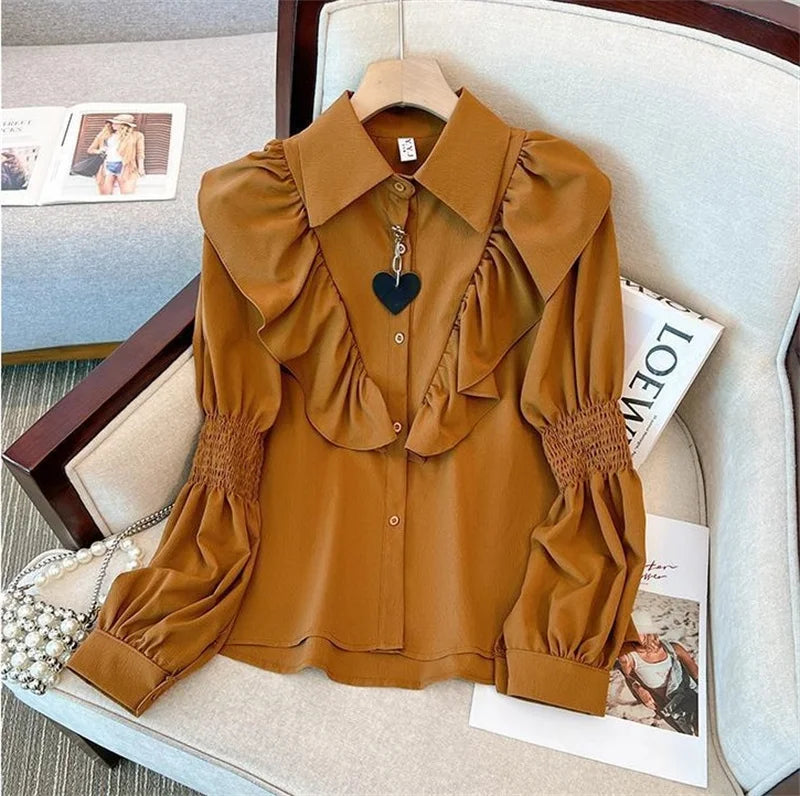 Ruffled Long Sleeved Shirt 2025 New Summer Autumn Chiffon Shirt Women's Blouse Lantern Sleeve Shirt Korean Popular Clothes ﻿