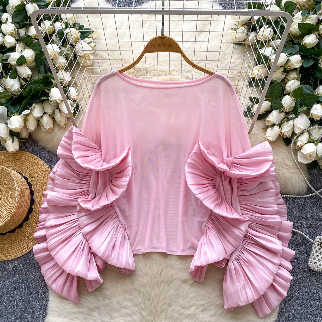 SINGREINY Autumn Ruffles Party Blouses Female O Neck Long Sleeves Temperament Mesh Shirts Women Senior Sheer Loose Thin Tops