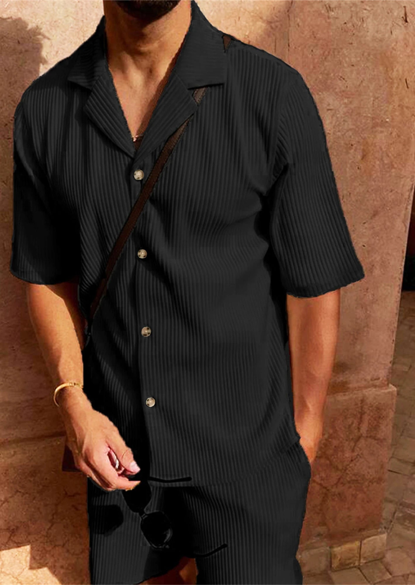 Spring/Summer suit Solid color corduroy shorts sleeve shirt and shorts stretch beach casual suit