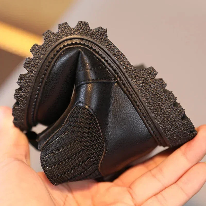 Autumn Winter Kid Boys Girls Casual Ankle Boots Comfortable Simple Side Zipper Leather Boots Velvet Warm Non-Slip Boots