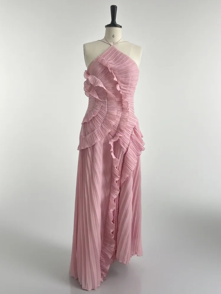 Elegant Neck Strap Ruffles Evening Gown Solid Folds A Line Lace Up Backless Sexy Party Dress 2025 New Party  Vacation Y2k Robe