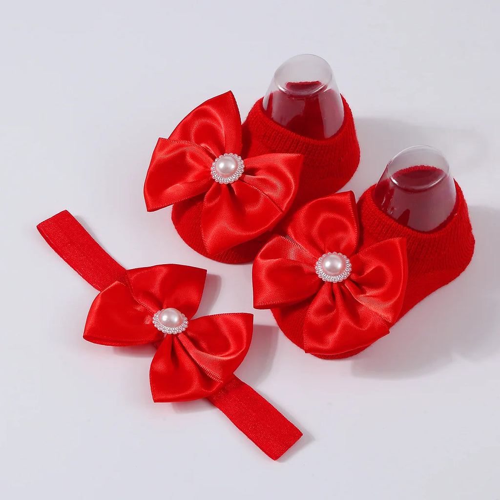 1Set New Baby Pearl Bowknot Headbands Socks Newborn Toddler Soft Prewalker Sock Girl Infant Cute Knitted Cotton Hairband Socks